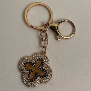 Louis Vuitton Monogram Canvas rhinestone flower clover keychain Gold Black